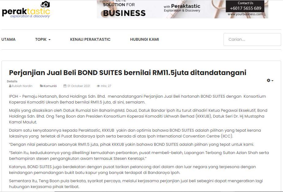 [Peraktastic] Perjanjian Jual Beli BOND SUITES bernilai RM11.5 juta ditandatangani